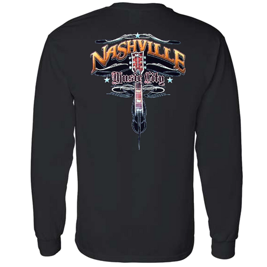 Nashville Long Sleeve Black Tee- Front Left Chest